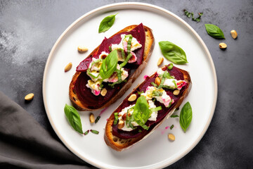 Beet bruschetta with goat cheese and basil on the plate close up