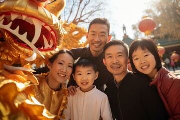 Asian family celebrating Chinese new year 
dragon in the background