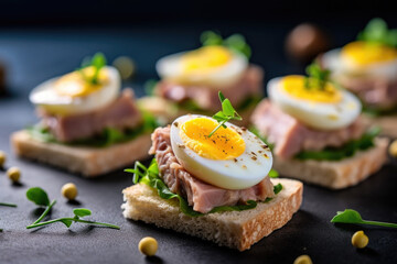 Delicious canapes with tuna and egg on the plate close up