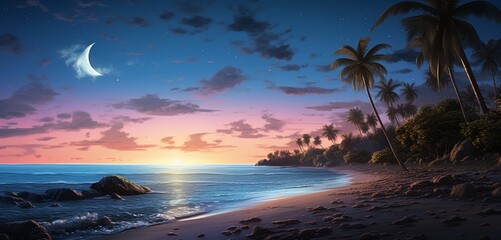 A tranquil beach scene at dusk, where the sand blends seamlessly with the twilight sky