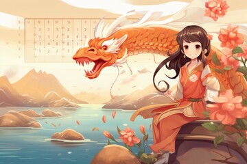Obraz na płótnie Canvas Happy chinese New Year 2024 art cover. China dragon zodiac sign on nature background. Asian festive greeting card. 