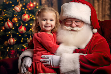 Fototapeta na wymiar On backdrop of Christmas tree Santa Claus lovingly embraces cheerful little girl on his lap celebrating winter holidays with kids.
