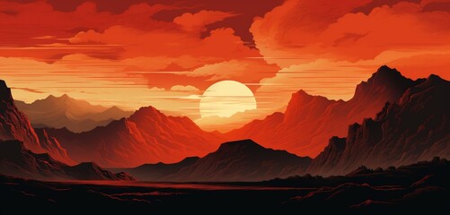Bold, angular hand-drawn mountains contrasted against a fiery red and orange sky during sunset