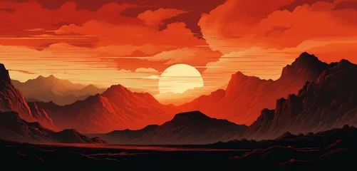 Poster Im Rahmen Bold, angular hand-drawn mountains contrasted against a fiery red and orange sky during sunset © Amin arts