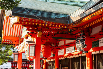 Kyoto, Japan - July 23 2023 : Japanese traditional red lanterns at Fushimi Inari Shrine ( Fushimi...