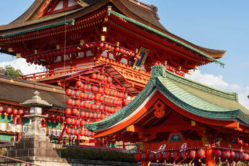 Kyoto, Japan - July 23 2023 : Tower Gate of Fushimi Inari Shrine ( Fushimi Inari Taisha ) decorated with lanterns during the Motomiya Festival or Motomiyasai Festival.