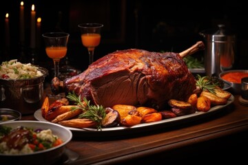 A festive table laden with a succulent roast lamb, accompanied by an assortment of delectable side dishes for a joyous family celebration
