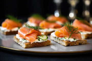 Delicious canapes with smoked salmon and dill on the plate close up