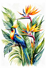 birds of paradise flowers, tropical leaves illustration, waterclor, splash, coloful, vivid, leafs