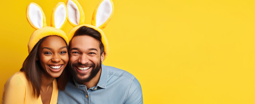 Two individuals, a joyful couple, adorned with Easter bunny ears, express their delight in the festive Easter atmosphere against a bright yellow background, banner, copyspace