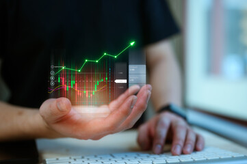 investment and finance concept, businessman holding virtual trading graph on hand, stock market, profits and business growth - obrazy, fototapety, plakaty