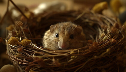 Fluffy young mammal with whiskers and fur in animal nest generated by AI