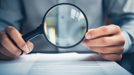 A man examines business documents with a magnifying glass