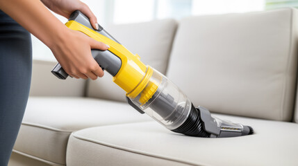 Close-up of a person's hand holding a yellow handheld vacuum cleaner while cleaning a gray fabric sofa.