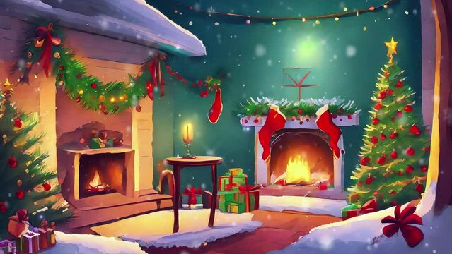 christmas fireplace, cartoon, falling snow animation, christmas background