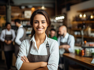 Smiling, young and attractive saleswoman, cashier serving customers - obrazy, fototapety, plakaty