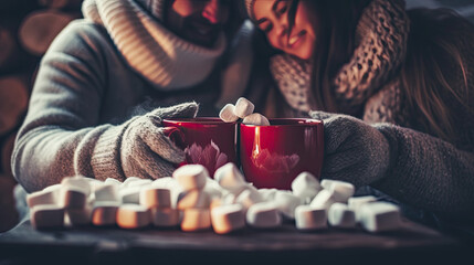 A photo of a couple cozying up by a fireplace with heart-shaped marshmallows in their hot cocoa