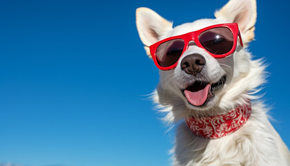 Cute puppy wearing sunglasses, enjoying the summer outdoors generated by AI - obrazy, fototapety, plakaty