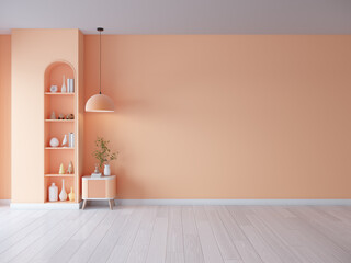 Peach fuzz ,empty room ,minimal interior  livingroom. peach color paint wall. color of the year 2024  . Mockup background. 3d render