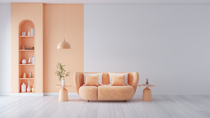 Peach fuzz room ,minimal interior  livingroom. peach sofa with peach color paint wall. color of the year 2024  . Mockup background. 3d render - obrazy, fototapety, plakaty