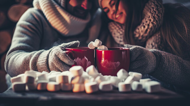 A photo of a couple cozying up by a fireplace with heart-shaped marshmallows in their hot cocoa © buiminh