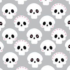 Fototapeta premium Gray Pattern with white skulls and hearts. Background with cute skulls.Fabric pattern.