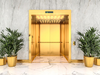 gold lift with light marble walls