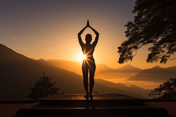 Striking silhouette of a yoga instructor leading a peaceful outdoor class at sunrise, holistic wellness