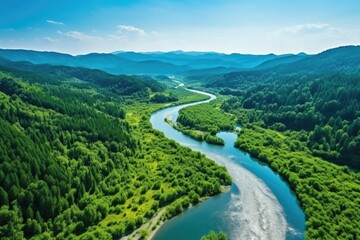 Fototapeta na wymiar Stunning aerial view of a winding river through lush green forests, pristine natural beauty