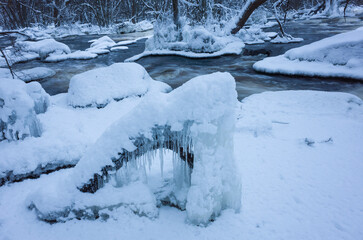 Winter nature of Scandinavia, Frozen river in Sörkvarnsforsen Nature preserve in Hallstahammar,...