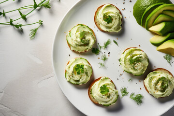 Delicious canapes with garlic, cream cheese and avocado on the plate close up - obrazy, fototapety, plakaty