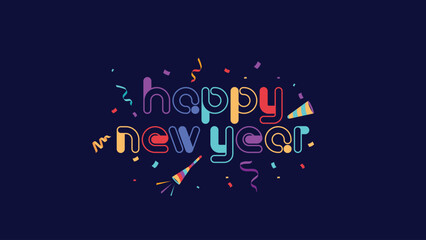 Happy new year 2024. Colorful typography. Fun and childish typography design. Vector asset with ribbon and confetti ornament