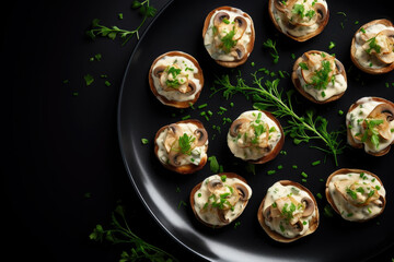 Delicious canapes with mushroom and cream cheese on the plate close up