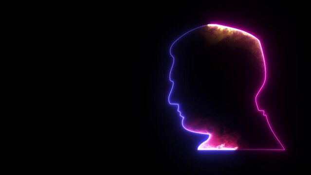 Glowing blue and purple neon line Human Head silhouette icon isolated on black background. 4K Video motion graphic animation