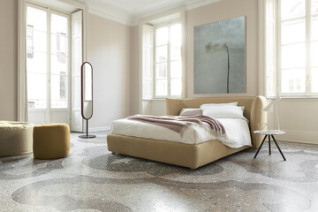 modern bedroom interior in minimal Scandinavian style, 3d rendering - obrazy, fototapety, plakaty