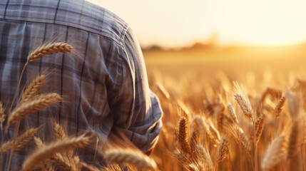 A farmer is standing in a field of wheat