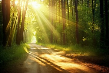 Fototapeta premium Luminous sun rays falling through the green foliage in a beautiful forest, with timber beside a path