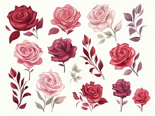 Fototapeta premium Roses watercolor floral clipart, aquarelle plants isolated on white background