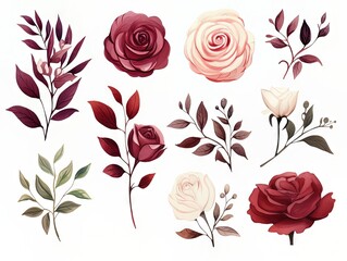 Roses watercolor floral clipart, aquarelle plants isolated on white background