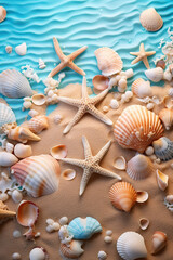 Fototapeta na wymiar Coastal Beauty: A Summer Background adorned with Starfish, Shells, and Sand