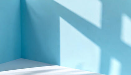 Light soft minimal background mockup for product presentation. Corner of room with shadows with delicate light blue color