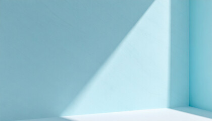 Light soft minimal background mockup for product presentation. Corner of room with shadows with delicate light blue color