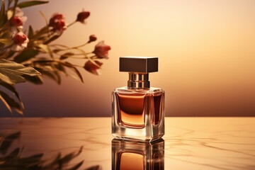 Stylish perfume composition, bottle of luxury perfume on soft background
