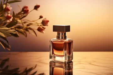 Fotobehang Stylish perfume composition, bottle of luxury perfume on soft background © DimaSabaka