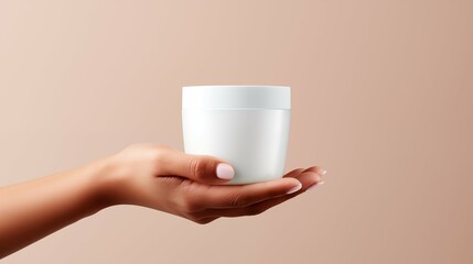 Female hand holds cosmetic cream, white plastic jar mockup front view.