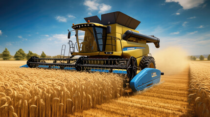 ?ombine harvester harvesting wheat from the field - obrazy, fototapety, plakaty