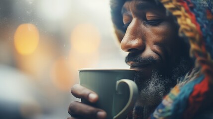 Close up portrait of mature African American man in colorful woolen hat and scarf holding cup of coffee on a city street