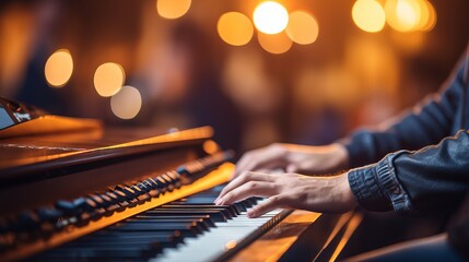 Passionate musician playing keyboard on defocused background with copy space for text placement