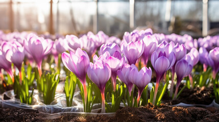 Flowers crocuses in a greenhouse, modern business and private entrepreneurship, a gift for a...