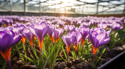 Flowers crocuses in a greenhouse, modern business and private entrepreneurship, a gift for a holiday. Purple - obrazy, fototapety, plakaty